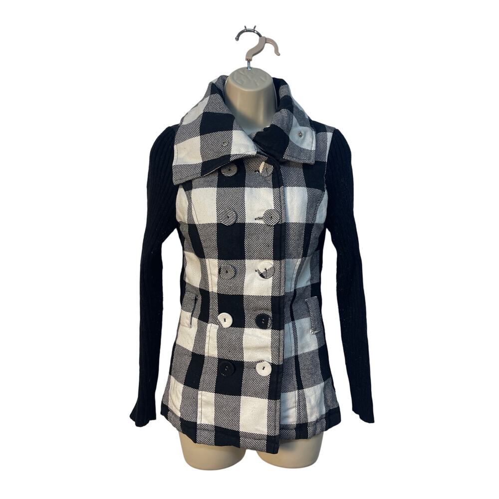 JJ Basics Buffalo Plaid Mixed Media Pea Coat Jacket‎ Black White Knit Sleeve S
